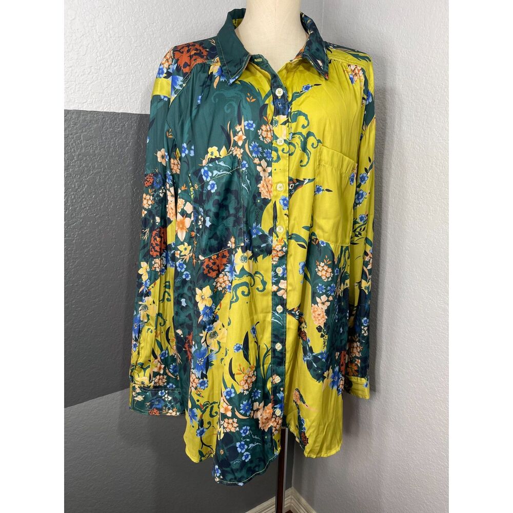 Anthropologie Floral Patchwork Blouse 3X Yellow Green Colorblock Button Shirt